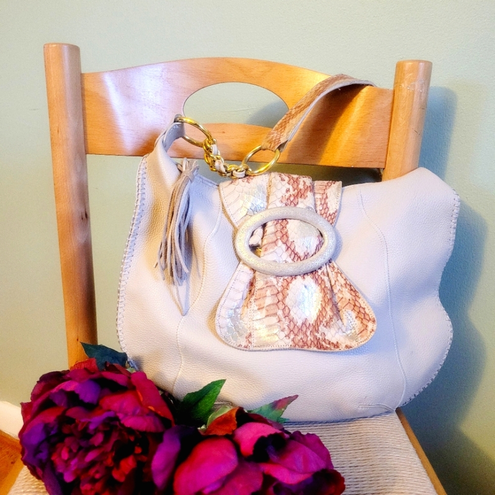 CHI BY FALCHI cream white Leather and Snakeskin Bold hobo shoulder bag